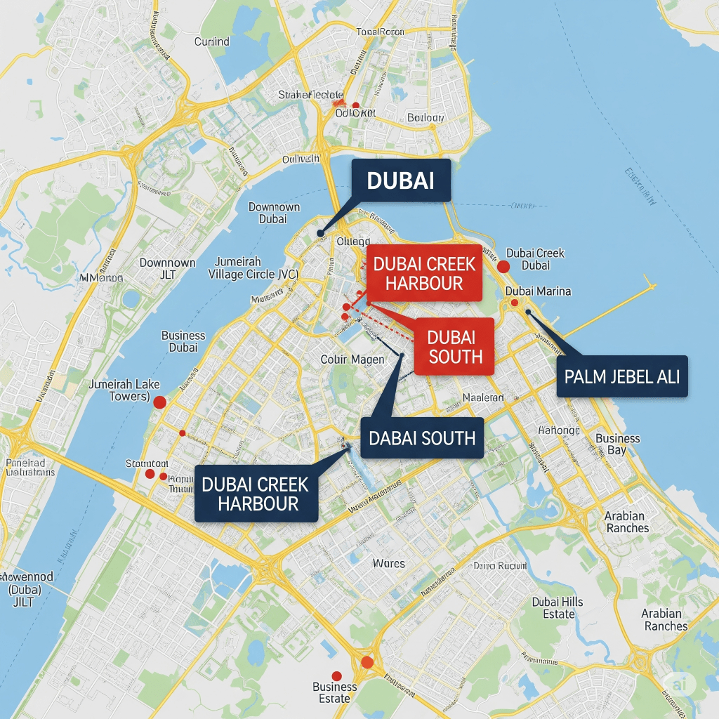 A detailed map of Dubai highlighting key property investment hotspots including Dubai Creek Harbour, Dubai South, and Palm Jebel Ali, along with other major freehold areas like Dubai Marina, Downtown Dubai, JLT, JVC, Business Bay, Dubai Hills Estate, and Arabian Ranches.