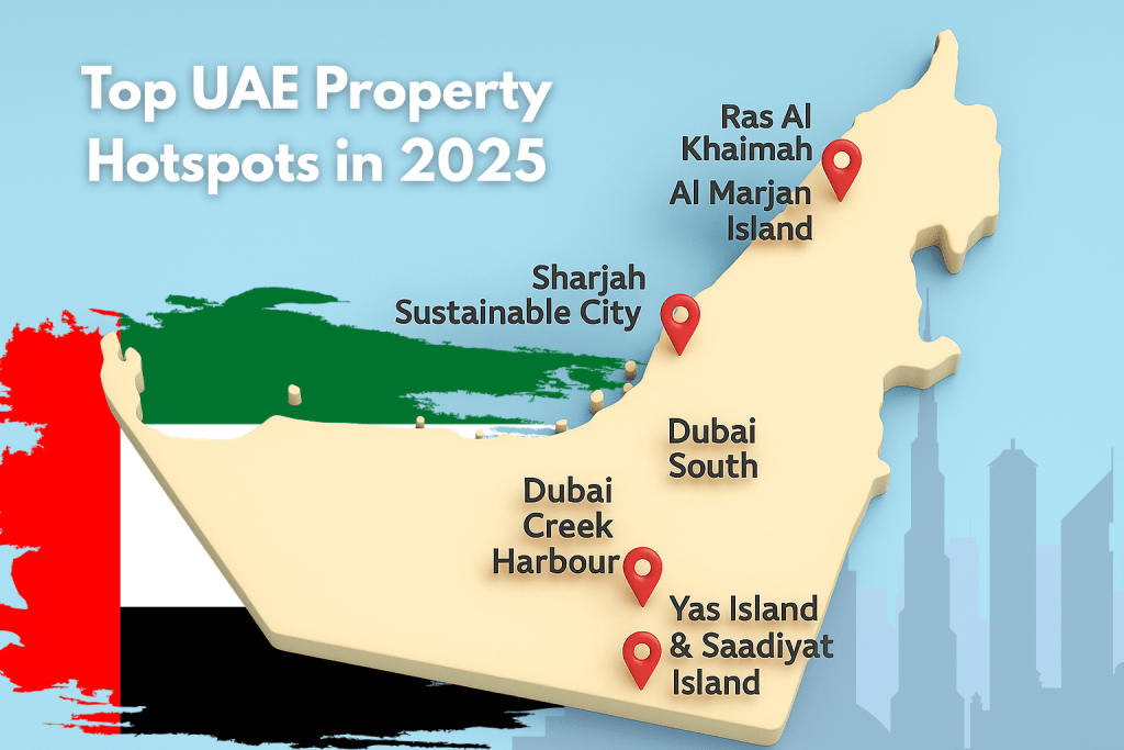 Map showing top UAE property hotspots in 2025 including Dubai Creek, Palm Jebel Ali, and Ras Al Khaimah