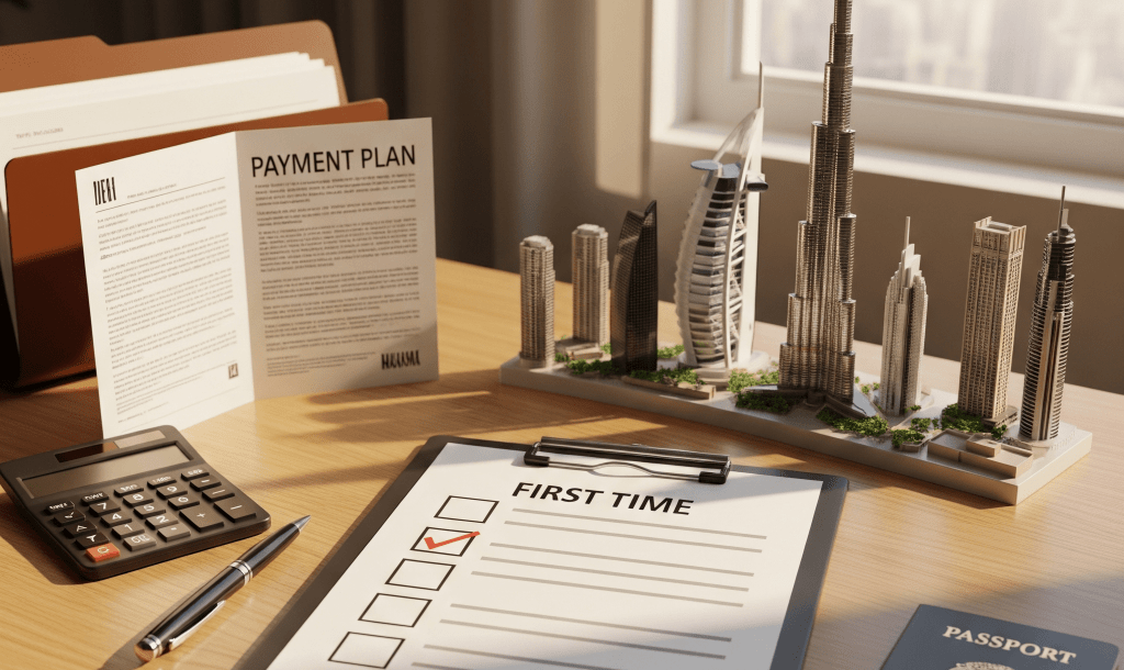 Visual checklist for first-time Dubai property buyers that is worth 600k AED, covering due diligence, payment plans, and market insights.