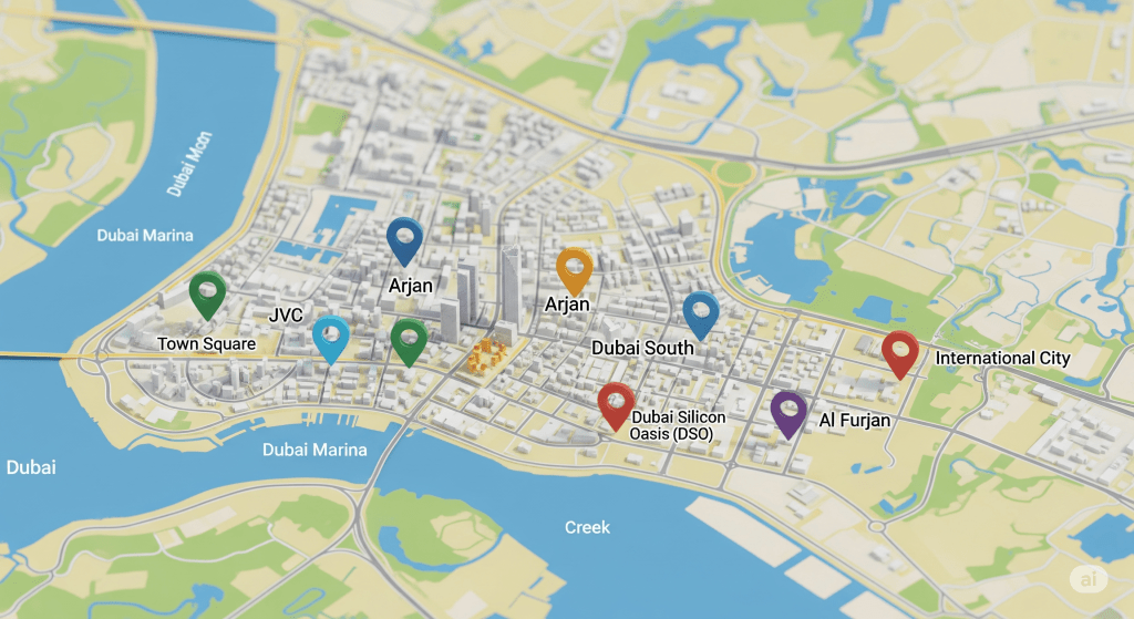 Map showing JVC, Arjan, Dubai South, Town Square, DSO, Al Furjan, and International City as key entry-level property areas in Dubai.