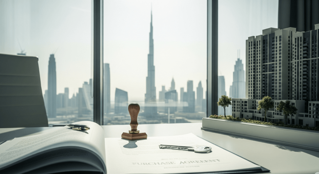 Desk with Dubai property contract, key, and model with the Burj Khalifa in the background
