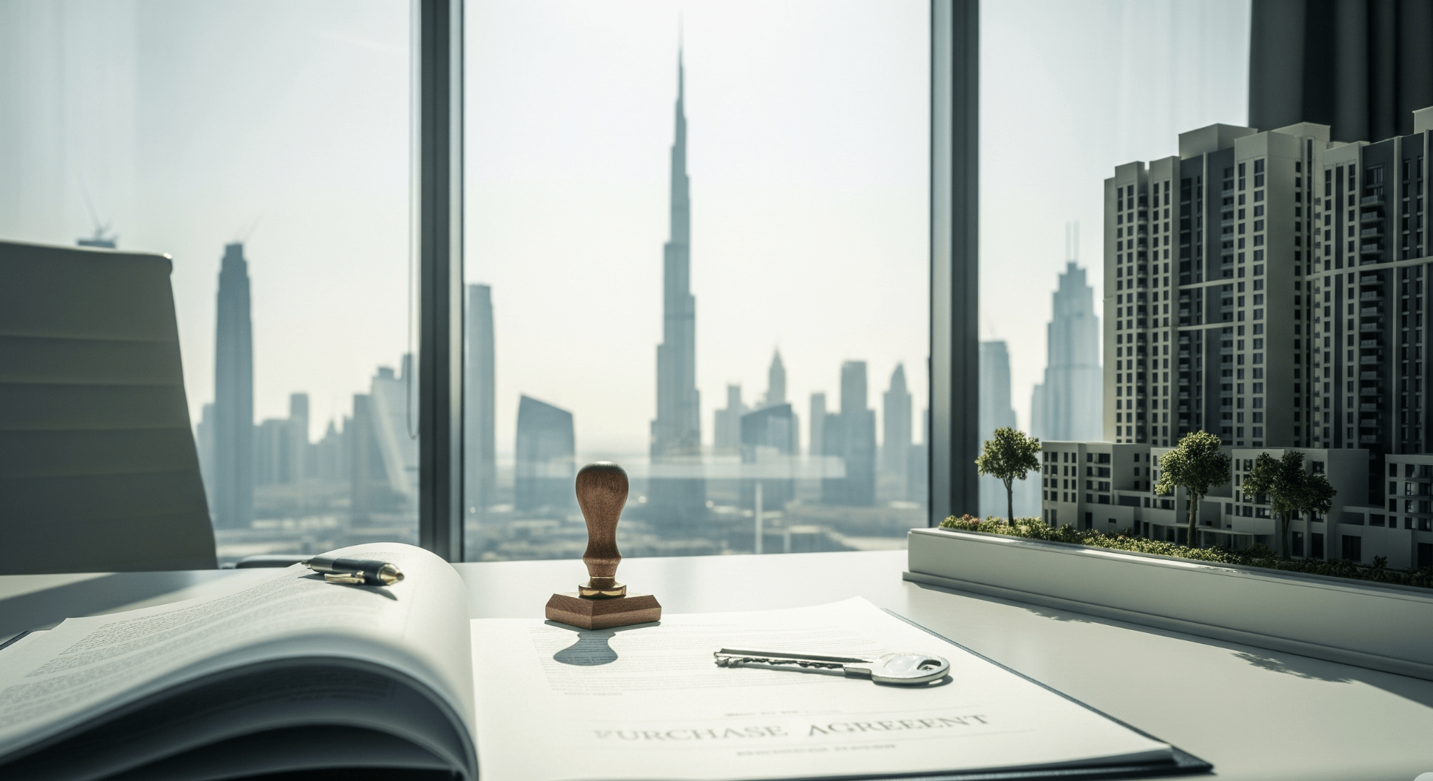 Desk with Dubai property contract, key, and model with the Burj Khalifa in the background