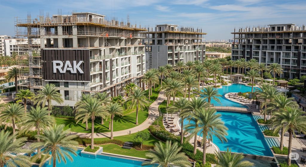 Mid-construction branded residences in Ras Al Khaimah real estate showing modern architecture and development activity in 2025.