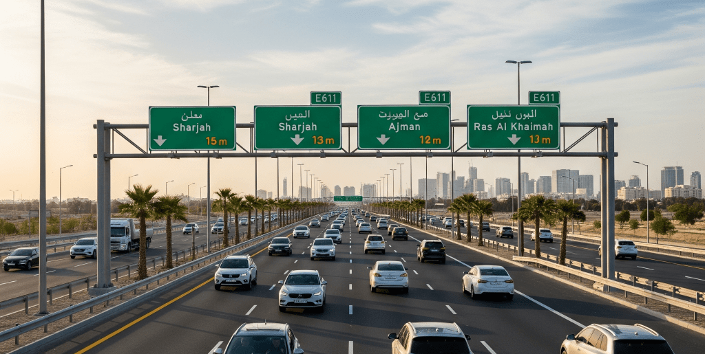 A clear, multi-lane highway like Emirates Road with light traffic, showing the new bridge