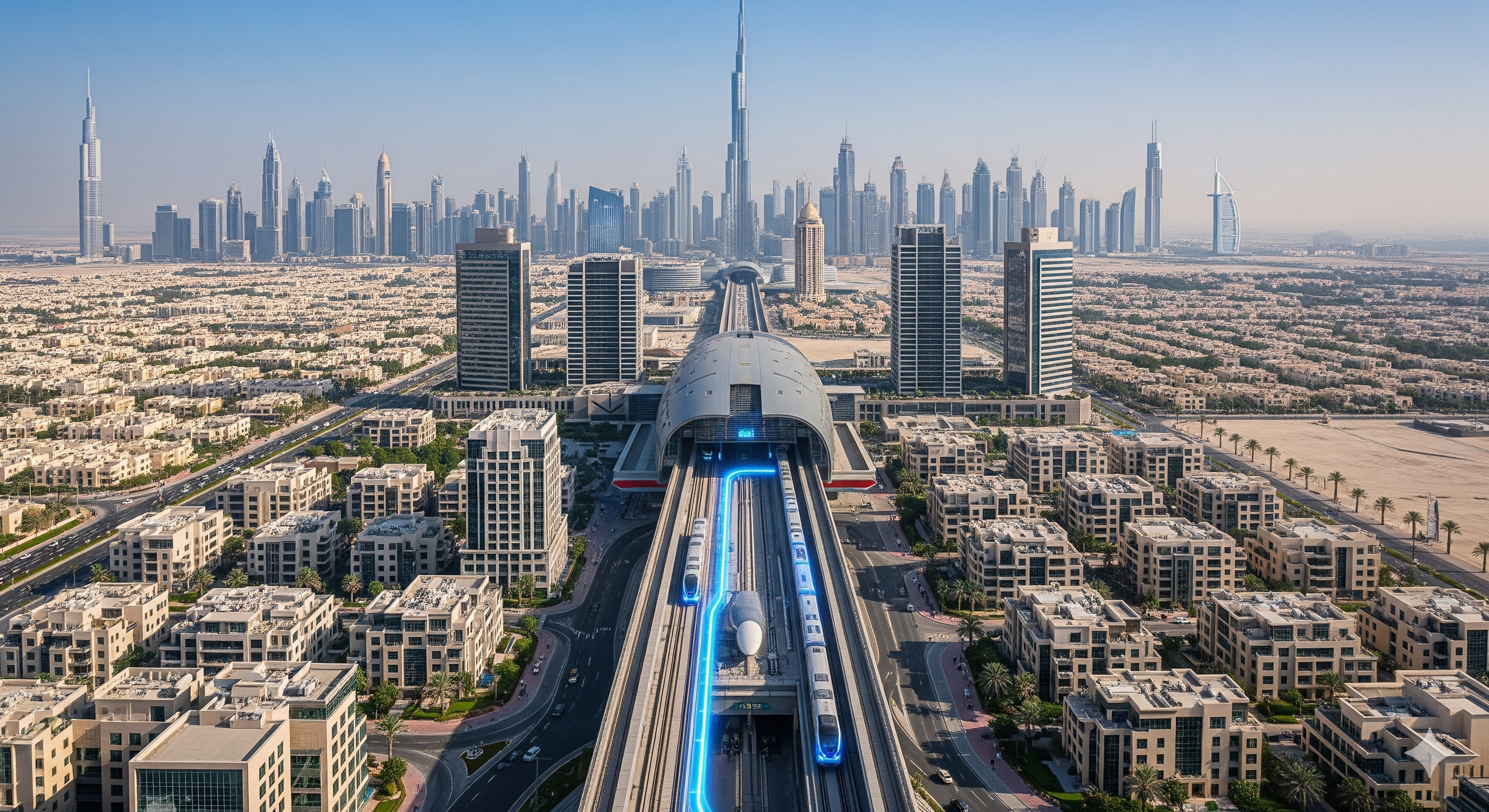 Landscape view of Dubai Metro Blue Line with trains, skyline, and nearby property developments highlighting investment opportunities